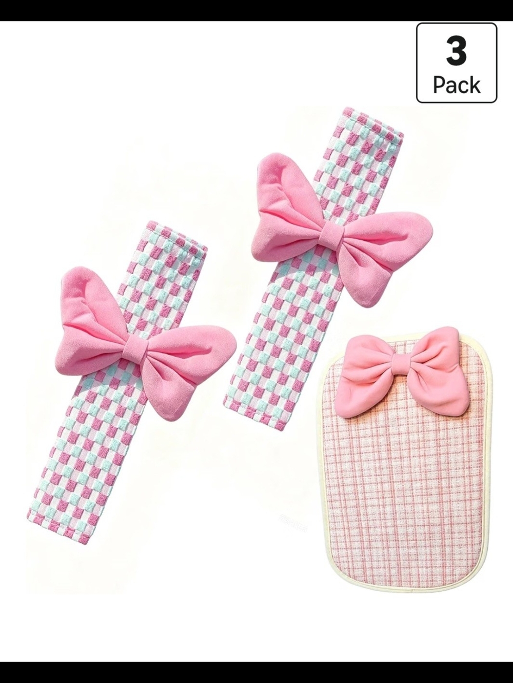 Cute Car Seat Belt Shoulder Pads with Armrest Cover Set, Pink Bow Car Interior A